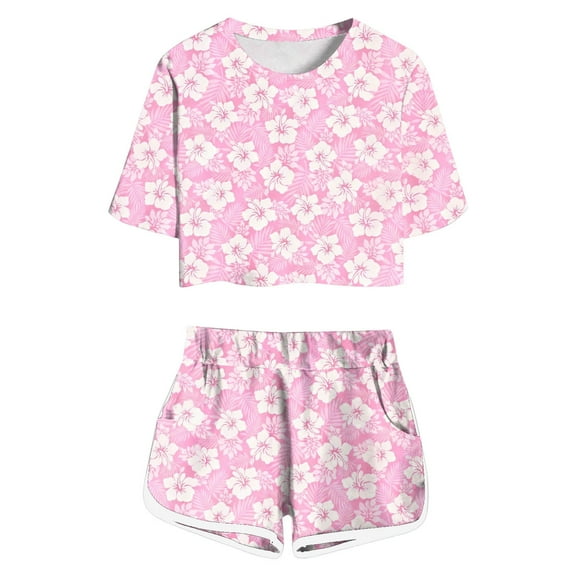 Hienoo Girls Summer Outfits Pink Floral Short Sleeve T Shirt and Shorts Set