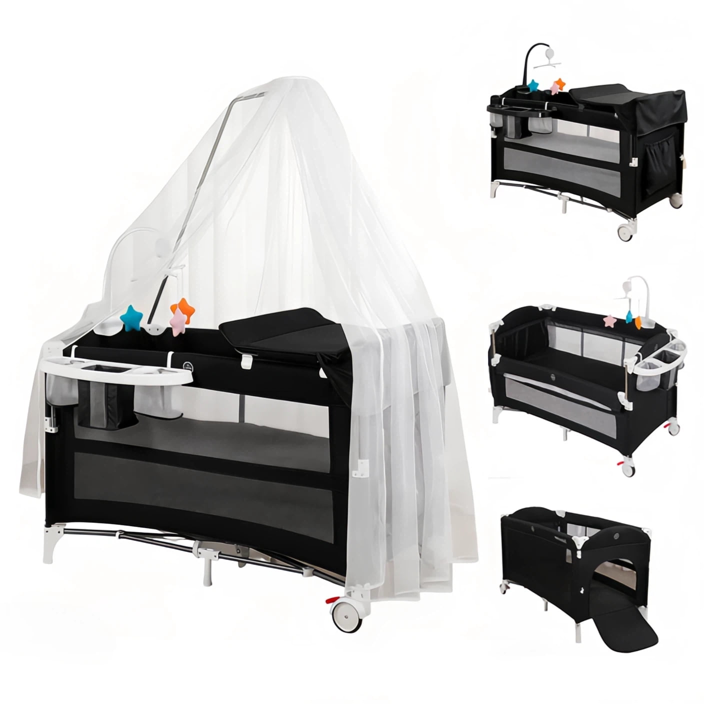 Nursery Center Portable Baby Play Yard Folding Playpen with Bassinet,Changing Table,Wheels,Elevated Mosquito Net for Newborn,Four-Panels,Unisex