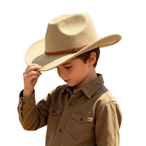 FYEGRE Wide Brim Western Cowboy Hat for Kids Boys Girls Adjustable Sun Cap for Daily Casual Party Outdoor Wear All Seasons Beige 6-12 Years