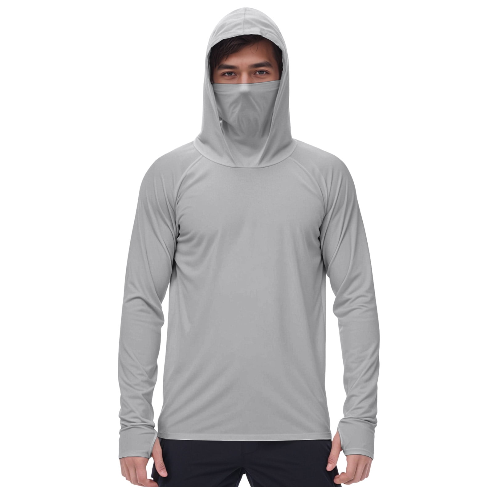 GEWSEY Men s UPF 50+ Sun Protection Hooded Shirt with Integrated Face Cover Long Sleeve Lightweight Rash Guard Shirts (Grey XL)