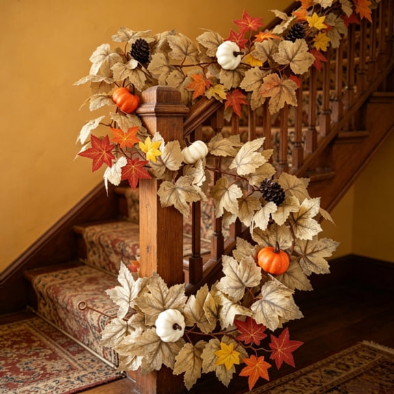 Clearance!! 6Ft Autumn Maple Leaf Pumpkin Berry Garland with LED Lights, Artificial Fall Leaves Garland for Thanksgiving Halloween Harvest Mantle Fireplace Porch Stair Decor