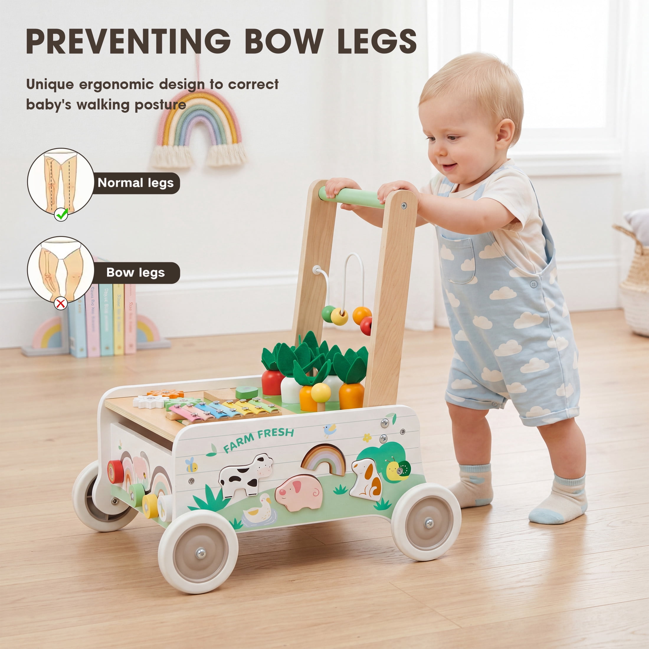 Jolie Vallee Wooden Baby Walker,Push Walker with Activity Center,Push Wlakers for Babies 18 M+,Adjustable Speed and Height Walkers for Boys/Girls