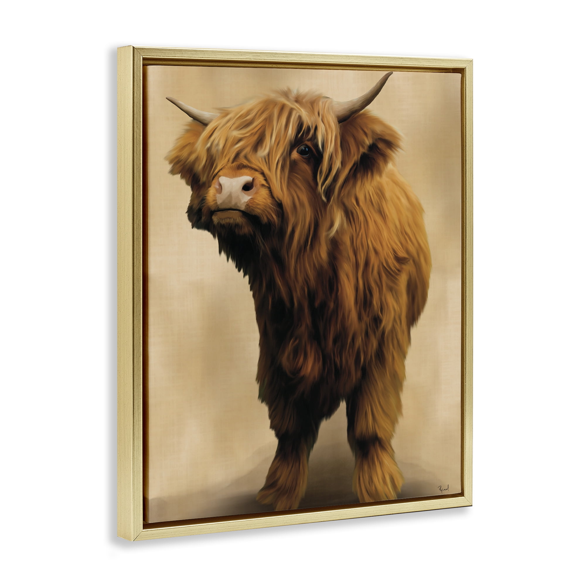 Stupell Industries Mini Highland Cow on Neutrals Gold Framed Floater Canvas Wall Art, design by Renel Peters