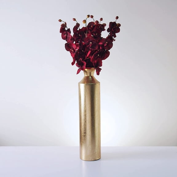 Hosley Decorative Gold Metal Tall Floor Vase 21.75" High w/Set of 6 Farmhouse Orchid Phalaenopsis Artificial Flowers 28" Long- Burgundy For Rooms. Ideal for Home Weddings Party & Special Occasions