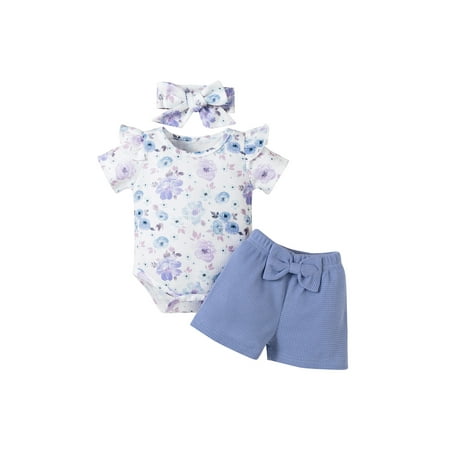 

Binpure Girls Layette Floral Print Romper Solid Color Shorts and Headdress