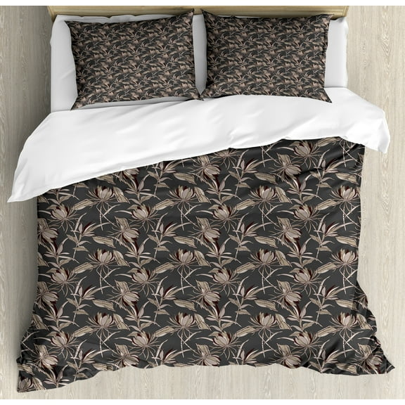 Ambesonne Floral Duvet Cover Set, Flowers and Leaves Exotic, Calking, Dark Grey Dark Tan