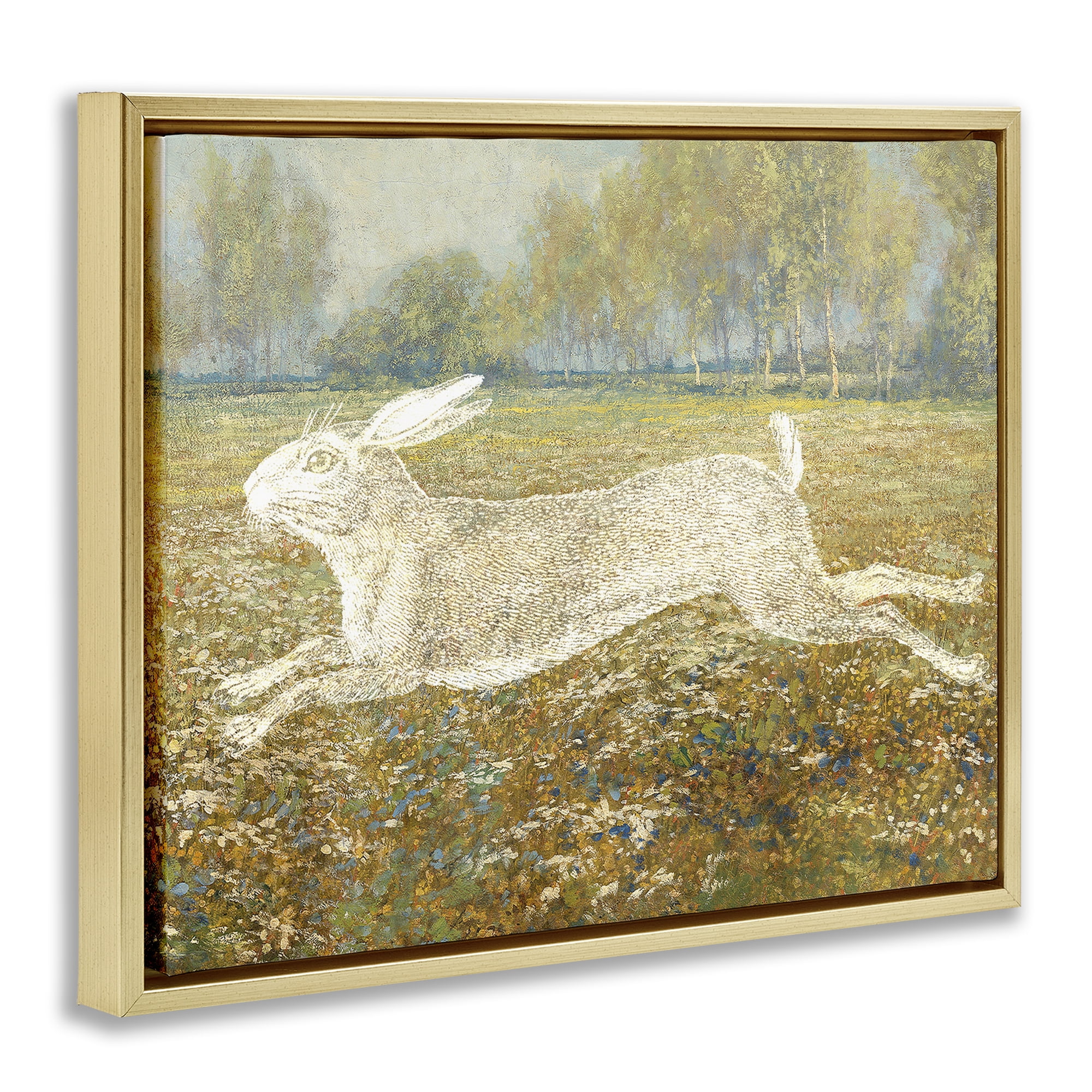 Stupell Industries Impressionist Jumping Hare Landscape & Nature Painting Gold Floater Framed Canvas Art Print Wall Art, 21 x 17