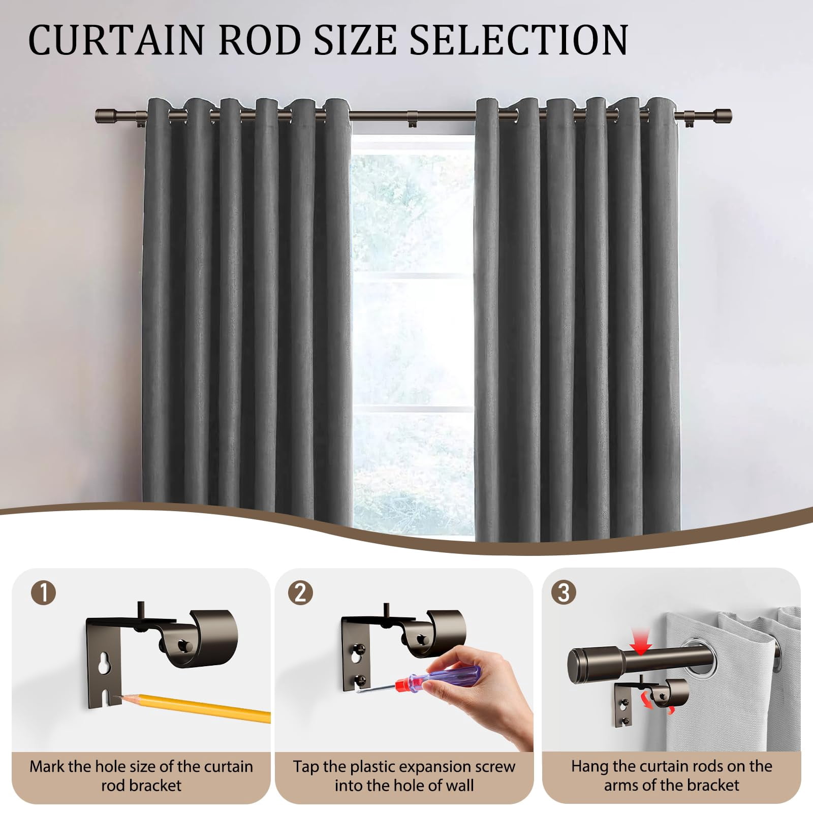1" Diameter Bronze Curtain Rods For Windows  1 Pack 30-120 Inch Heavy Duty Window Long Adjustable Rod Fits Most Standard Suitable Bedroom Living Room Farmhouse
