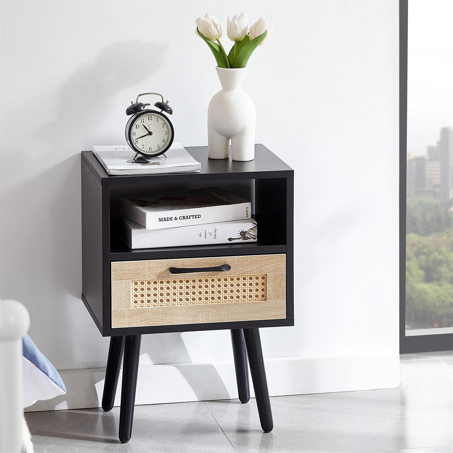 Kadyn Rattan Bedside Table, 15.75" Night Stand with Drawer and Solid Wood Legs, Modern Wood Nightstand for Bedroom, Black Kadyn Rattan Bedside Table, 15.75" Night Stand with Drawer and Solid Wood Legs, Modern Wood Nightstand for Bedroom, Black