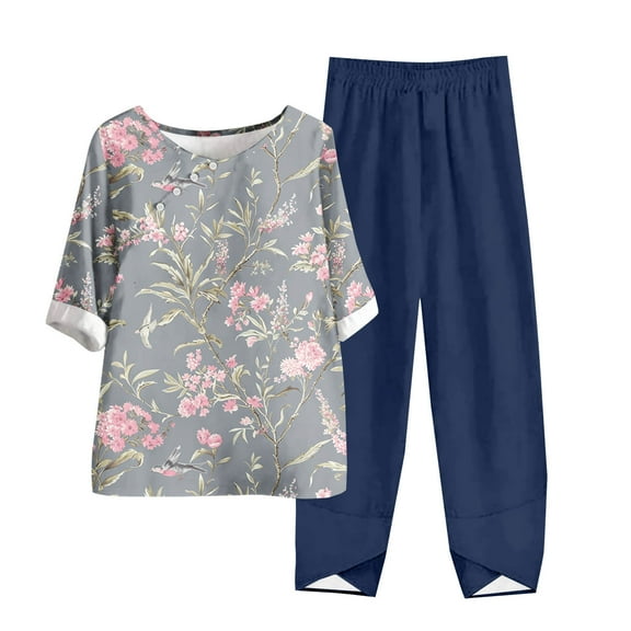 Outfit Sets for Women Casual Round Neck 5/4 Sleeve Top and Pants Digital Printing Two Piece Set
