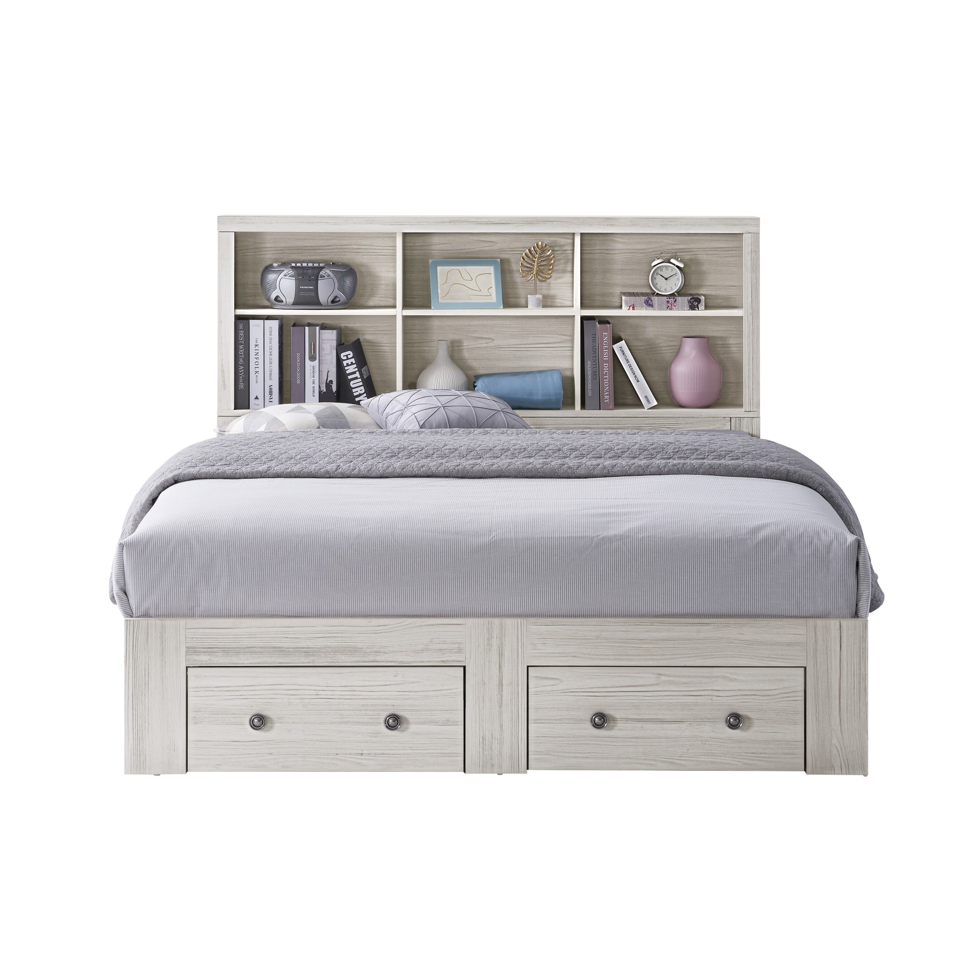 Home Design Salina Queen Bookcase Platform Bed with 2 Drawer, Light Gray