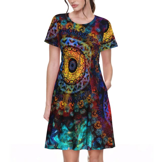 Disketp Mandala Colorful para Vestido de Manga Corta para Mujeres, Vestidos de Verano para Mujeres, Casual y Holgado para la Playa