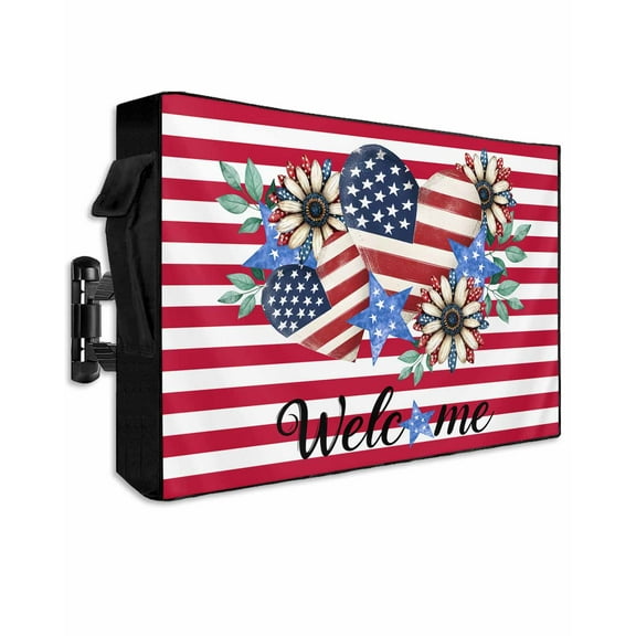 Red Stripe Outdoor TV Cover 52 to 55 Inch Weatherproof, Independence Day Love Heart Botanical 600D Oxford TV Covers with Waterproof Zipper, Outside Flat TV Screen Protector 52"Wx19"Hx4.5"D