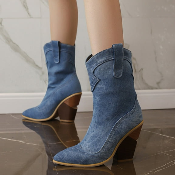 YOUSNH Cowboy Boots for Women Western Boot Pointed Toe Low Heel Short Ankle Booties Women Boots Blue 6.5