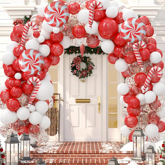 Suministros de decoración para fiesta de Navidad, globo, caja de regalo de dulces blanca roja, equipo de arco de guirnalda de globos