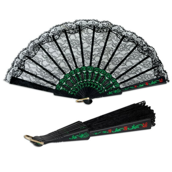 Party Central Club Pack of 12 Black and Green Floral Fiesta Lace Fan Party Accessories