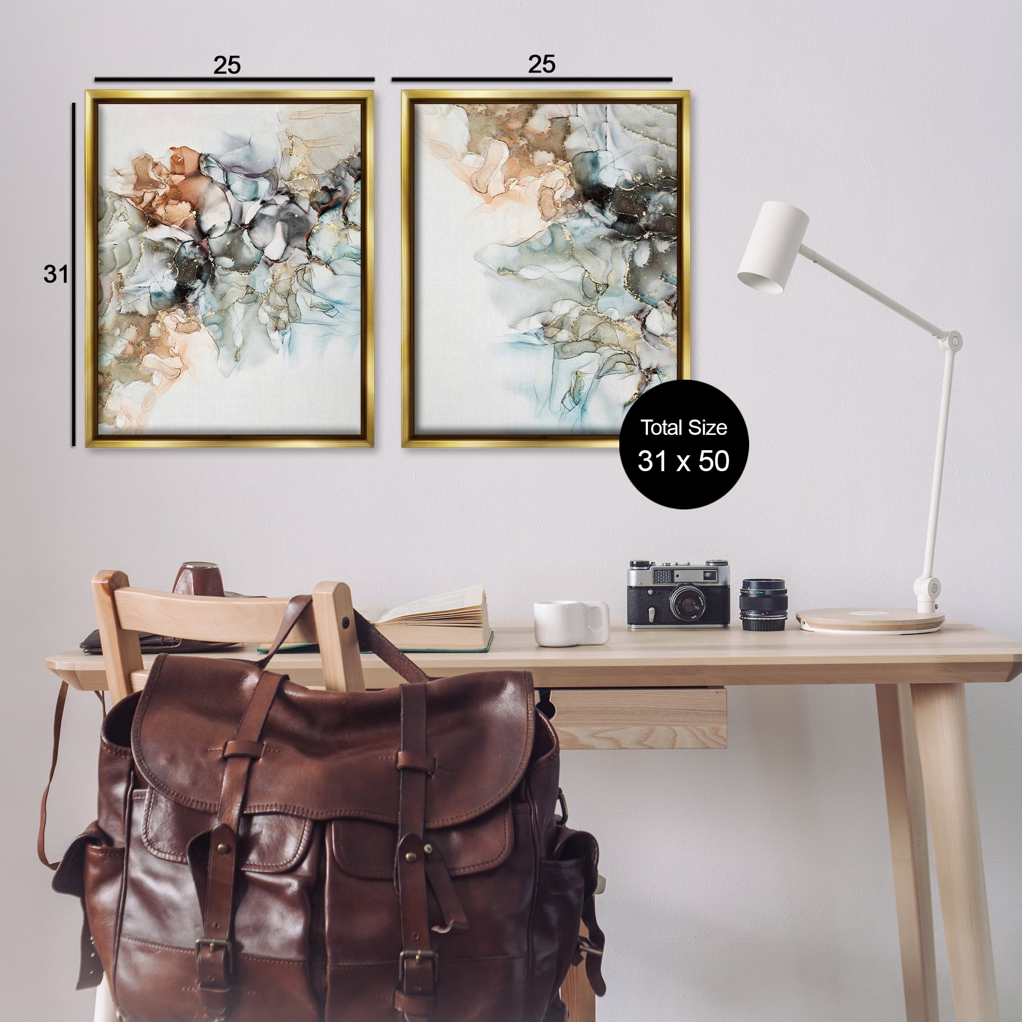 Stupell Industries Abstract Alcohol Ink Blue Copper Abstract Painting Gold Floater Framed Canvas Art Print Wall Art, 31 x 25, Set of 2