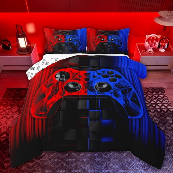 Castle Fairy Futuristic Cubes Gamepads Twin Comforter Sets,Black Blue Gamepads Bedding Set