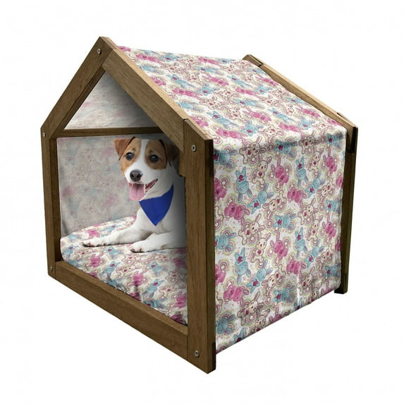 Anime Pet House, Pattern with Colorful and Happy Kawaii Characters Holding Pink Hearts Stars, Outdoor & Indoor Portable Dog Kennel with Pillow and Cover, 5 Sizes, Multicolor, by Ambesonne