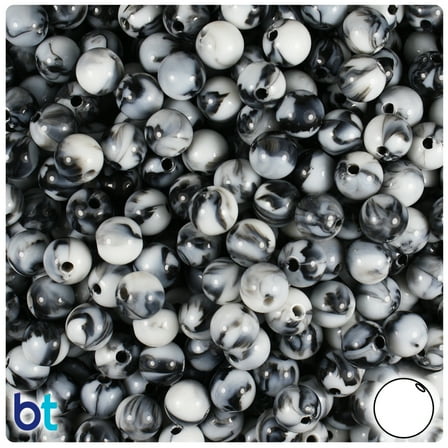 BeadTin Black Marbled 8mm Round Plastic Craft Beads (150pcs)