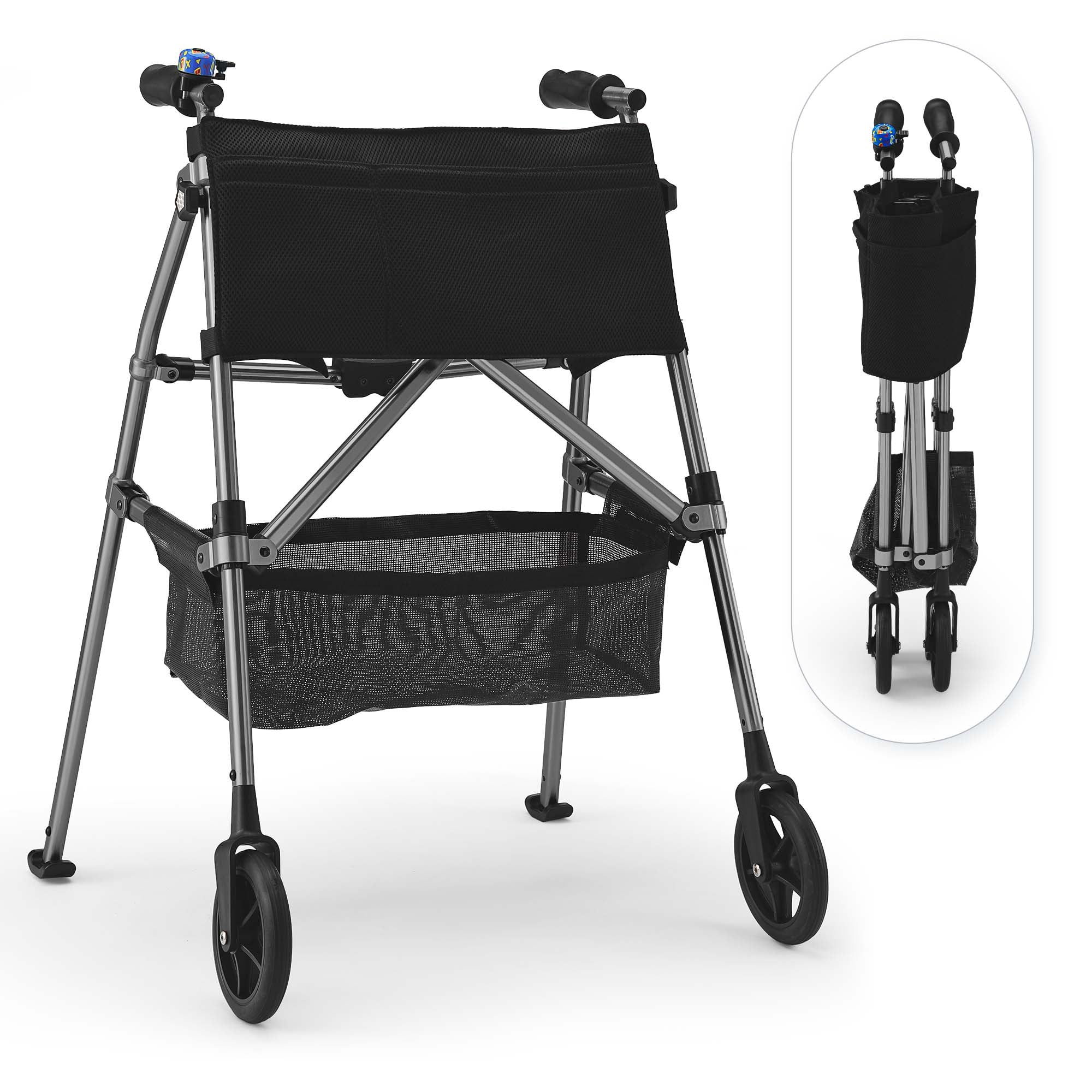 Verpal Lightweight Folding Walker for Seniors with 8 in Wheels, Steel, 330 lb Weight Capacity, Gray