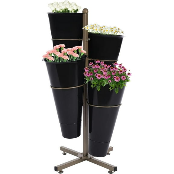 Flower Display Stand with 4 Buckets, Floral Vases Flower Cart Display Stand With Wheels Moving Flower Bucket Stand for Flower Shops, Indoor, Outdoor Patio Garden, Living Room (Black Bucket)