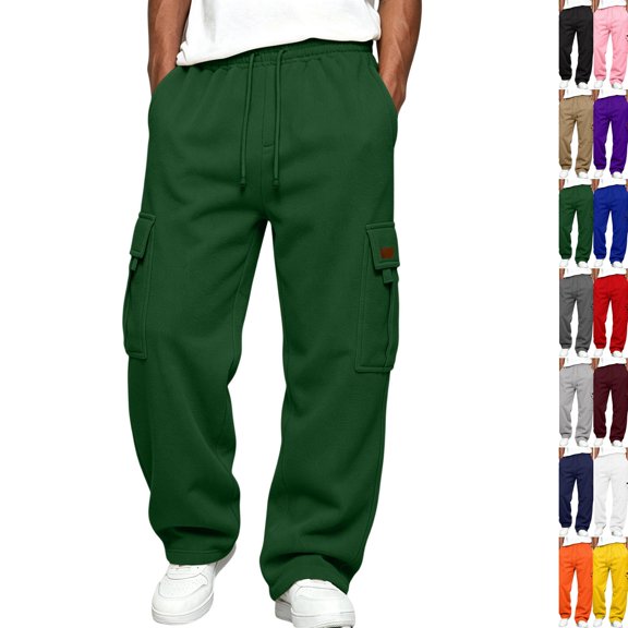 Men's Wide Leg Cargo Pants High Waisted Drawtring Baggy Adjustable Casual Loose Fit Warm Trousers Hiking Work Pant with Multi Pockets Dark Green 4XL