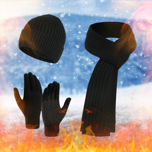 Dyfzdhu Women&Men Fall Winter Warm Wool Hat Scarf Gloves Slouchy Three Pieces Winter Snow Knit Cap Screen Mittens Scarves Sets Black