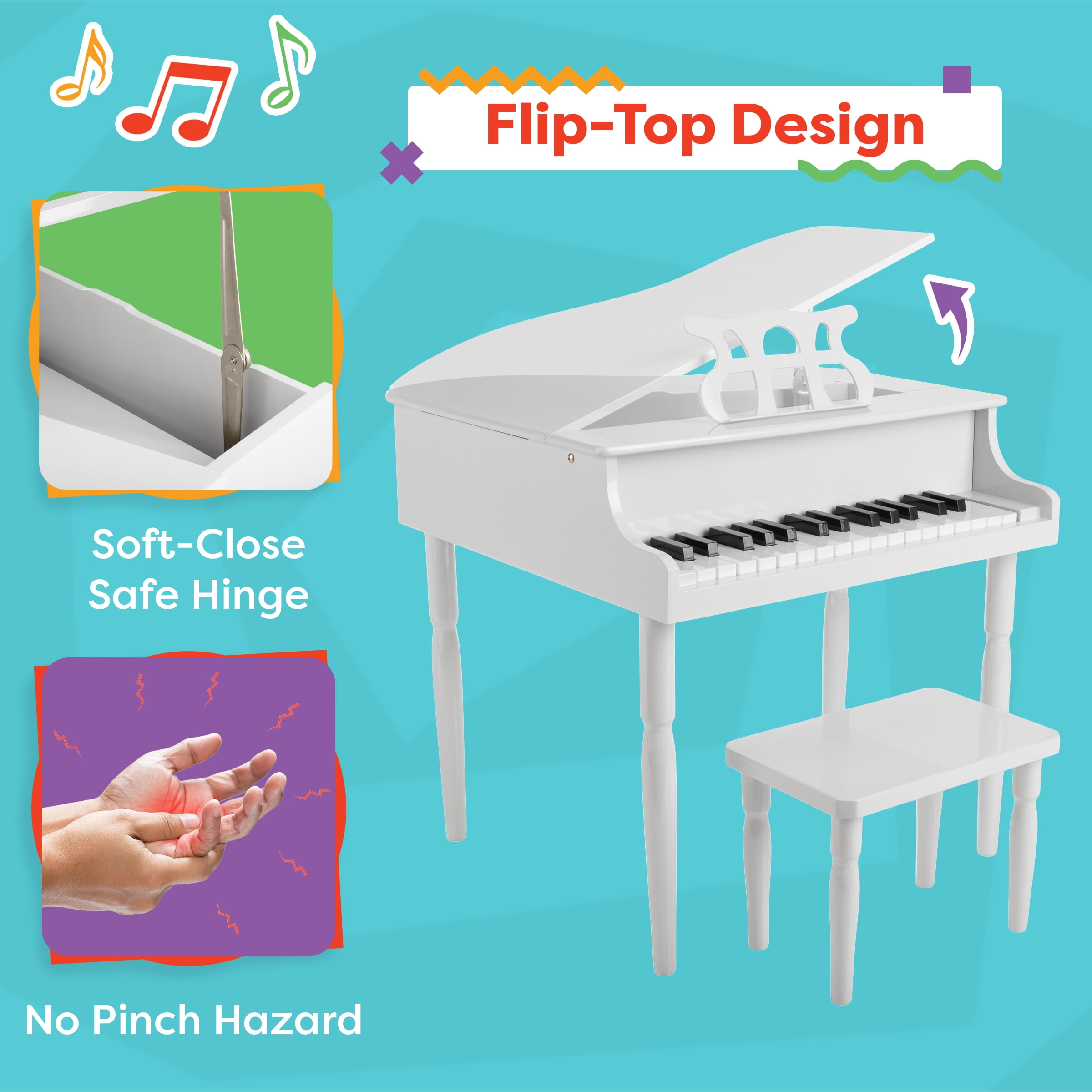 Hey Play Kids Piano - 30 Key Mini Grand Piano with Music Stand and Bench