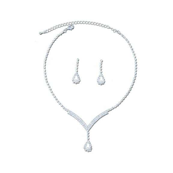 Silver Crystal Teardrop Dangle Earrings & Crystal Y Shape Necklace Jewelry Set