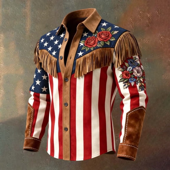 Men's 250th Anniversary Fringe Denim Shirts Western Style Casual Button Down Patriotic USA Flag Print Tops Blouses,Red,2XL