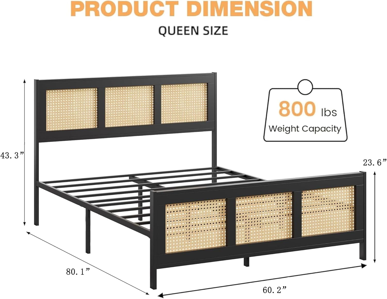 Queen Size Rattan Bed Frame, Black Boho Cane Platform with Headboard, Metal Slats, No Box Spring, Noise Free