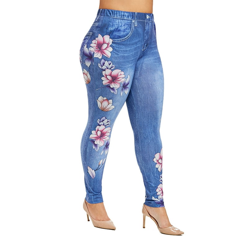 Women's Leggings Faux Denim Floral Printed Yoga Pants Casual