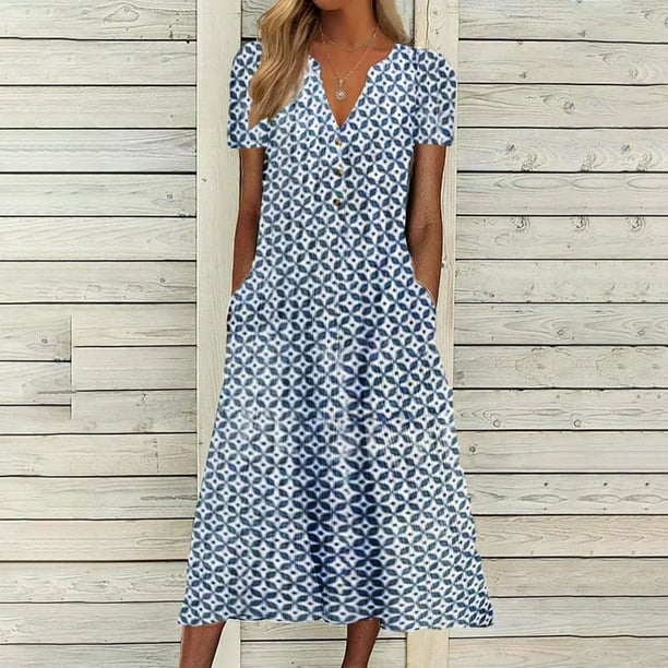 Puntoco Vestido De Manga Corta Con Cuello En V, Vestido De Manga Corta Estampado Con Manga En V Para Mujer