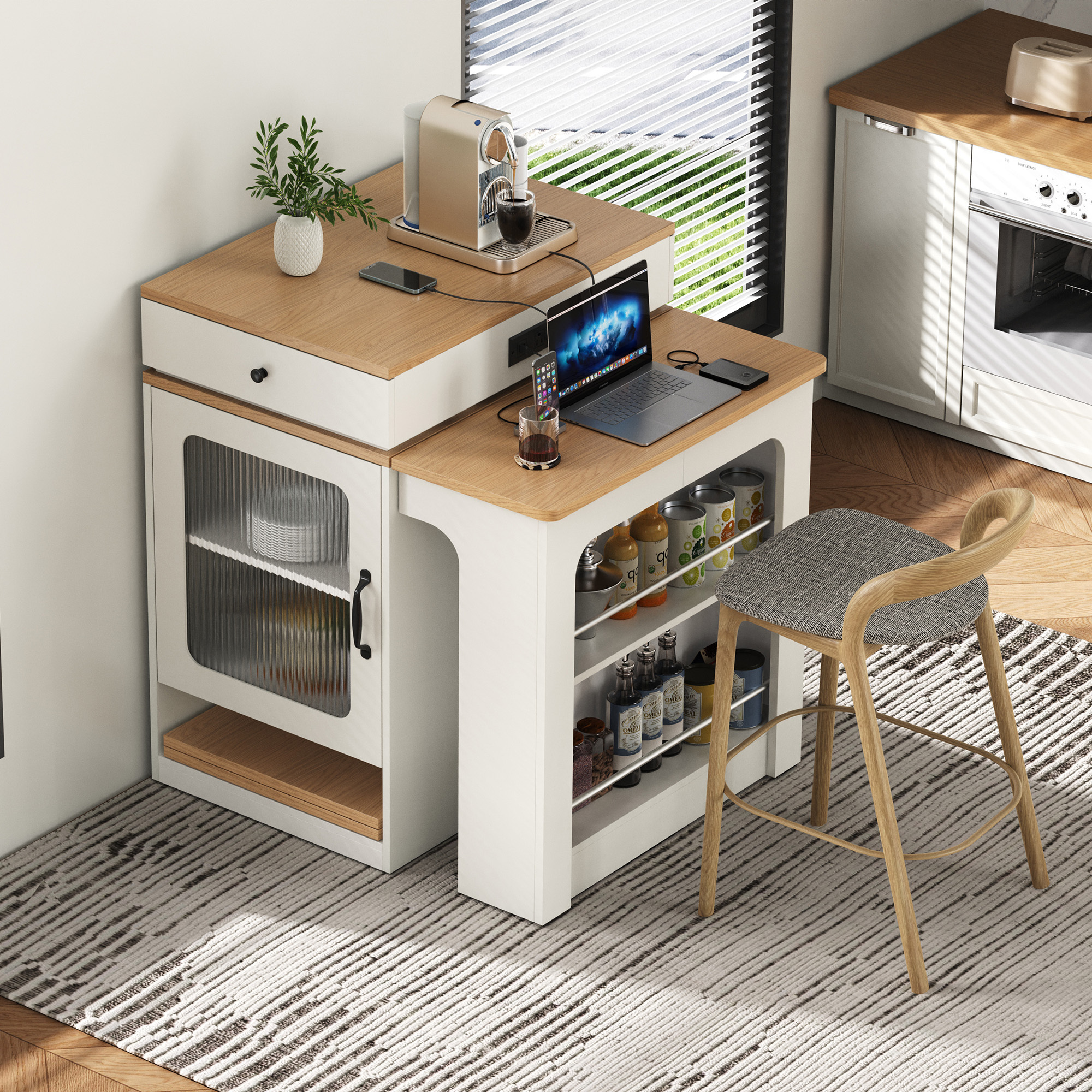 MODERNLUXE 59.5" Kitchen Island with Extendable Dining Table,Large Mobile Kitchen Storage Table with Double-sided Storage,2 Drawers, Open Shelves & Power Outlet,Rolling Islands Cart for Dining Room