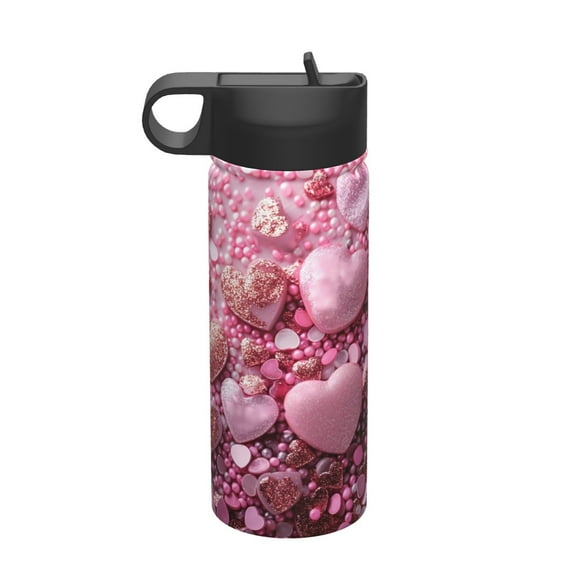 Honeii Pink Glitter Heart Candy Print 18 oz Insulated Water Bottle with Straw Lid, Stainless Steel Sports Water Bottles, Double Walled Vacuum, Leak Proof