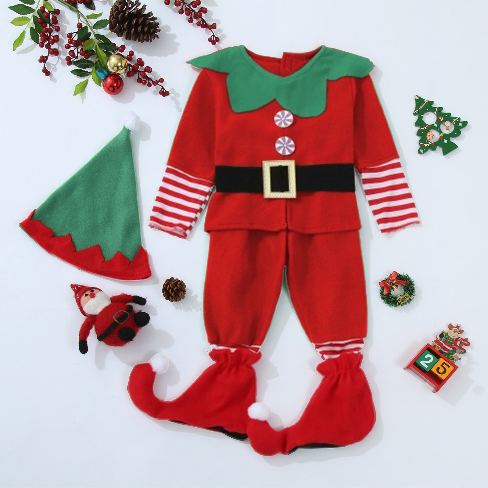 DHFJKG Christmas Elf Outfit For Family Matching Boys Long Sleeve Turndown Collar Top Pants With Hat Boots 4 Piece Sets Comfort Perfomance Wear