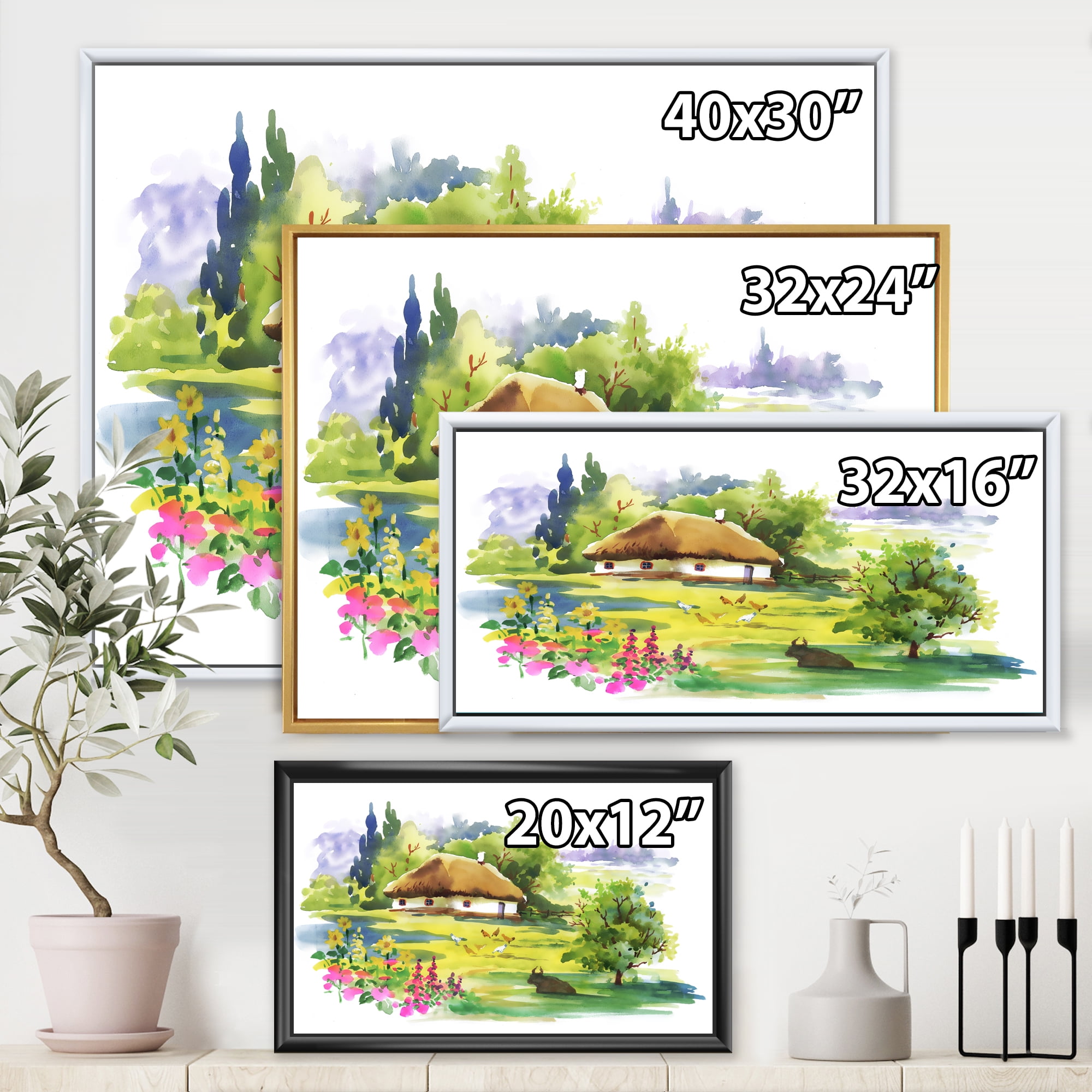 Blossoming Greenlands And A Rural House 32 in x 24 in Framed Painting Canvas Art Print, by Designart