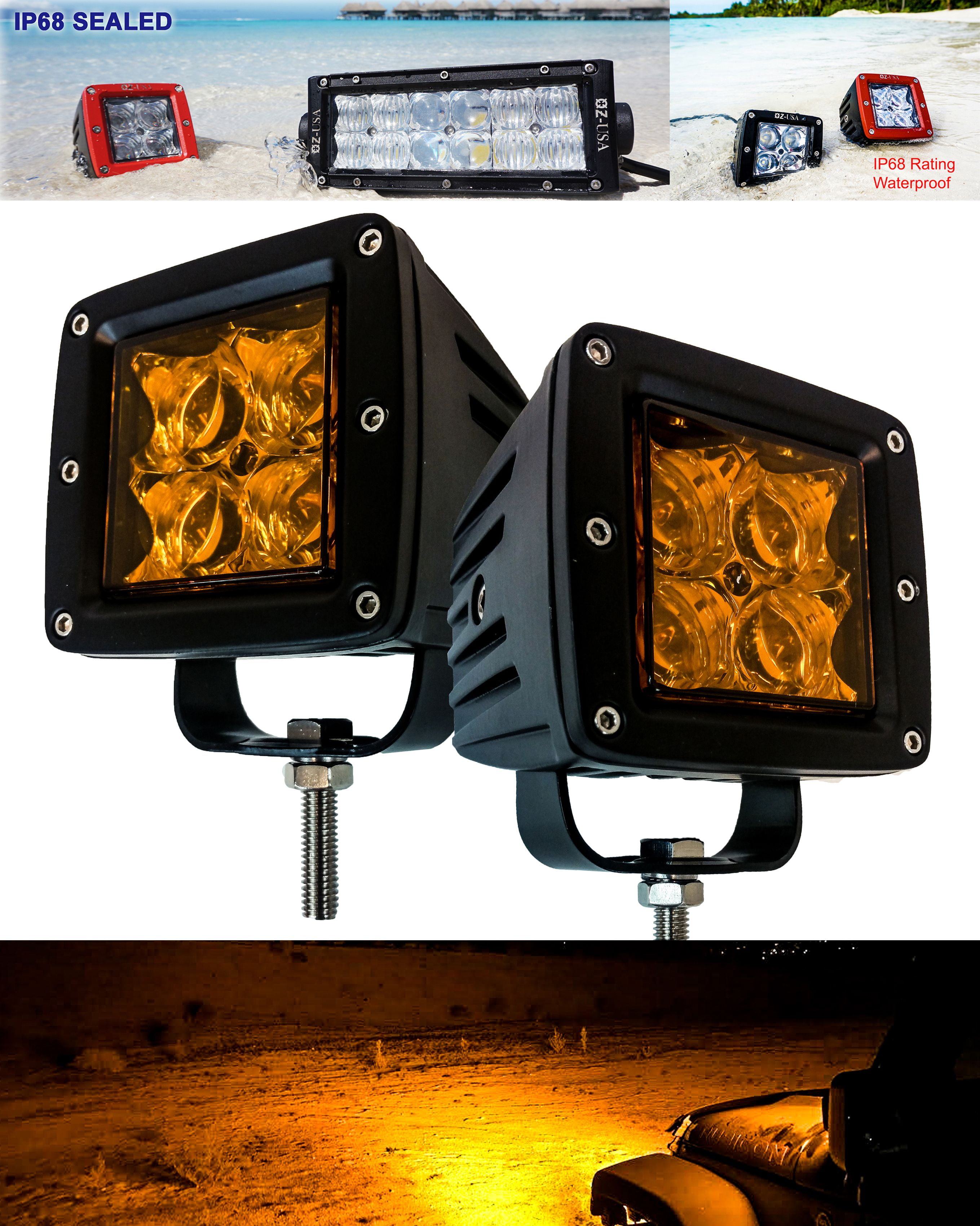 4D POD Spot Beam Amber Lens LED yellow lights fog dust snow atv offroad