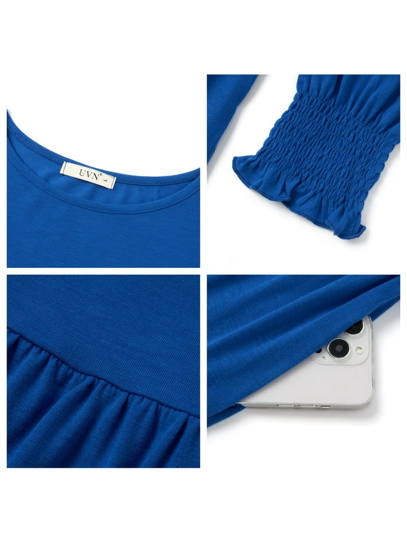 Uvn Fall Long Dress for Women Crewneck Casual Long Sleeve Pleated Dresses with Pockets