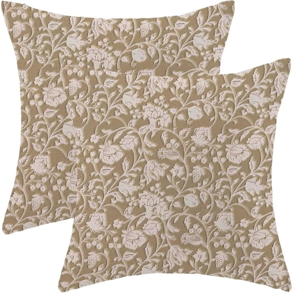 Spring Khaki Floral Throw Pillow Covers 18x18 Set of 2, Khaki Flower Print Decorative Pillow Cover Neutral Vintage Decoration Outdoor Cushion Cover for Sofa Couch Farmhouse Room
