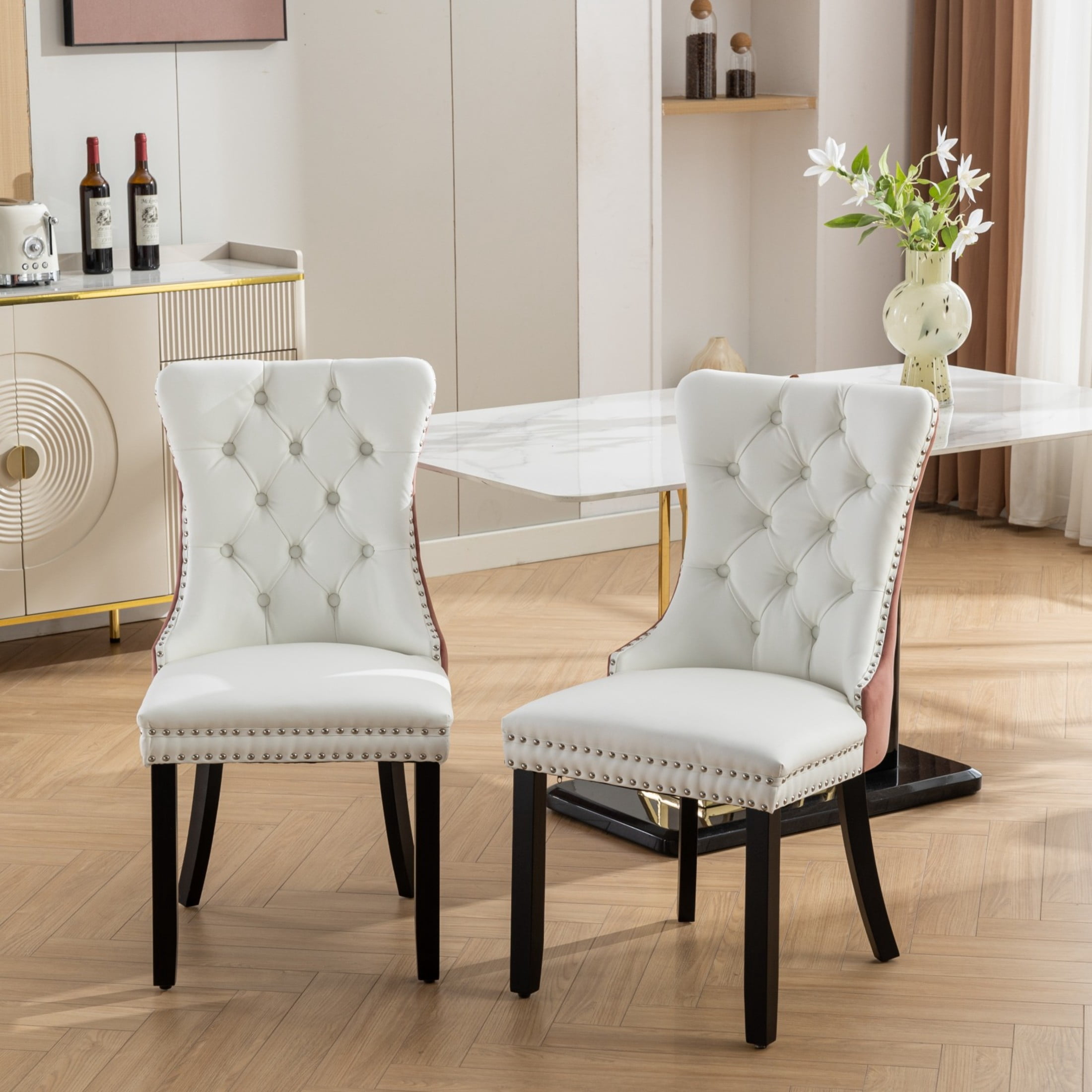 Noble House Set of 2 Dining Chairs, PU Leather and Velvet Upholstery, Tufted Back, White + Pink