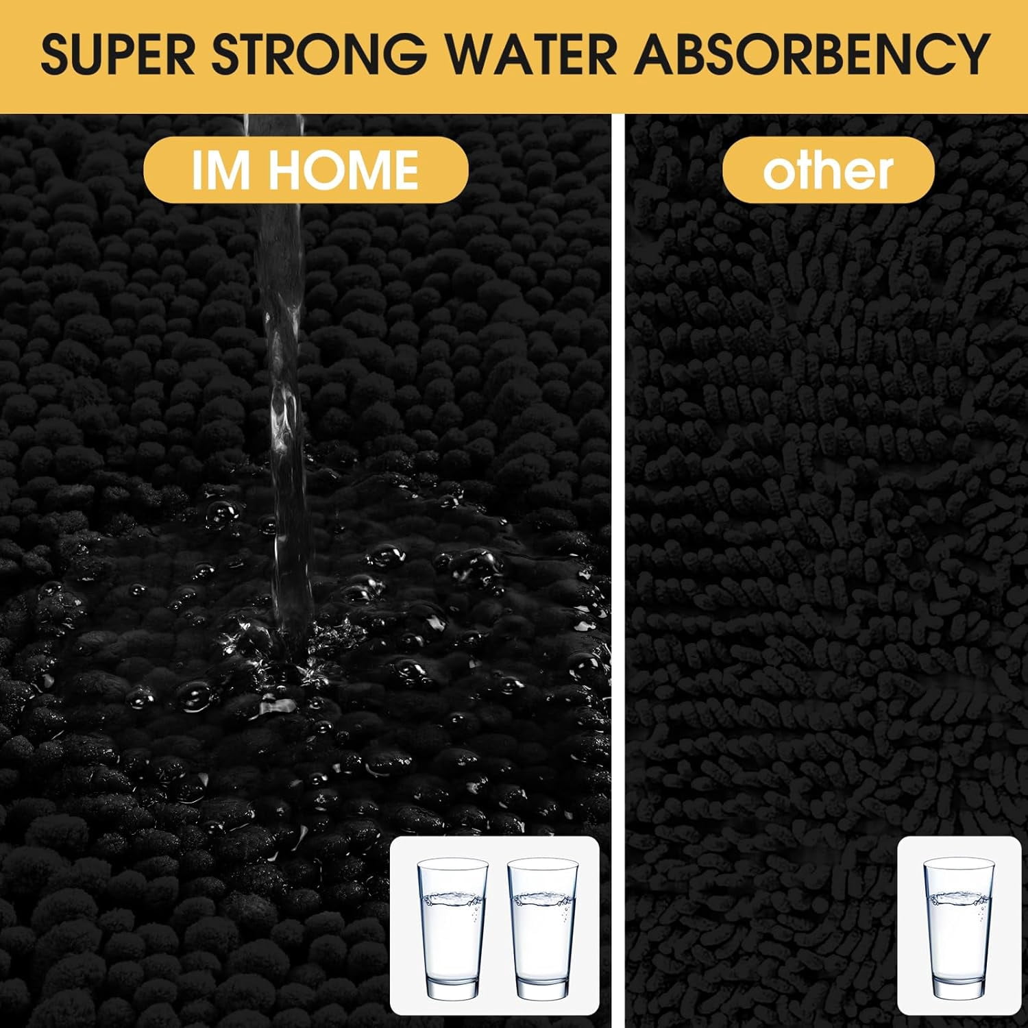 HAKUNA Upgrade Extra Large Black Bathroom Rug Set 3 Pieces Ultra Soft, Thick Absorbent Bath Mats, Non Slip Chenille Toilet Mat for Bathroom, Bedroom, Kitchen