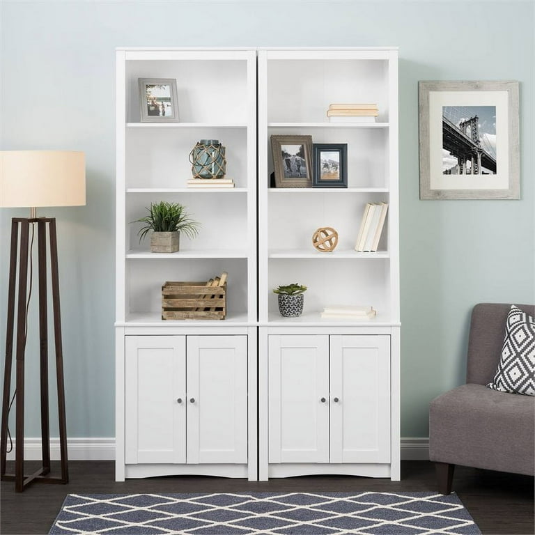 Prepac Tall 6 Shelf Bookcase with 2 Shaker Doors White