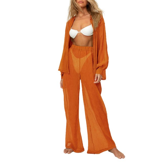 Txlixc Blusa de botón transparente de manga larga y pantalones de piernas anchas para mujeres Txlixc moda
