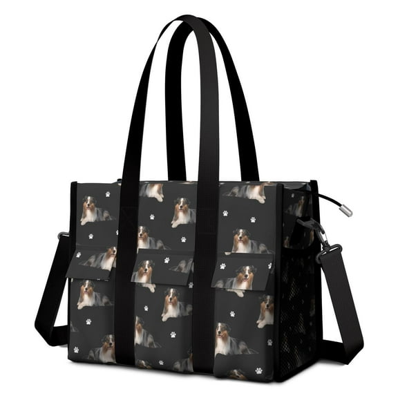 Teacher Tote Bag,Australian Shepherd Dog and Footprints Teacher Utility Tote Bag,Large Work Tote Bags for Women with Multiple Pockets,Top Zipper Closure,13.8x10.6x6.7 Inch