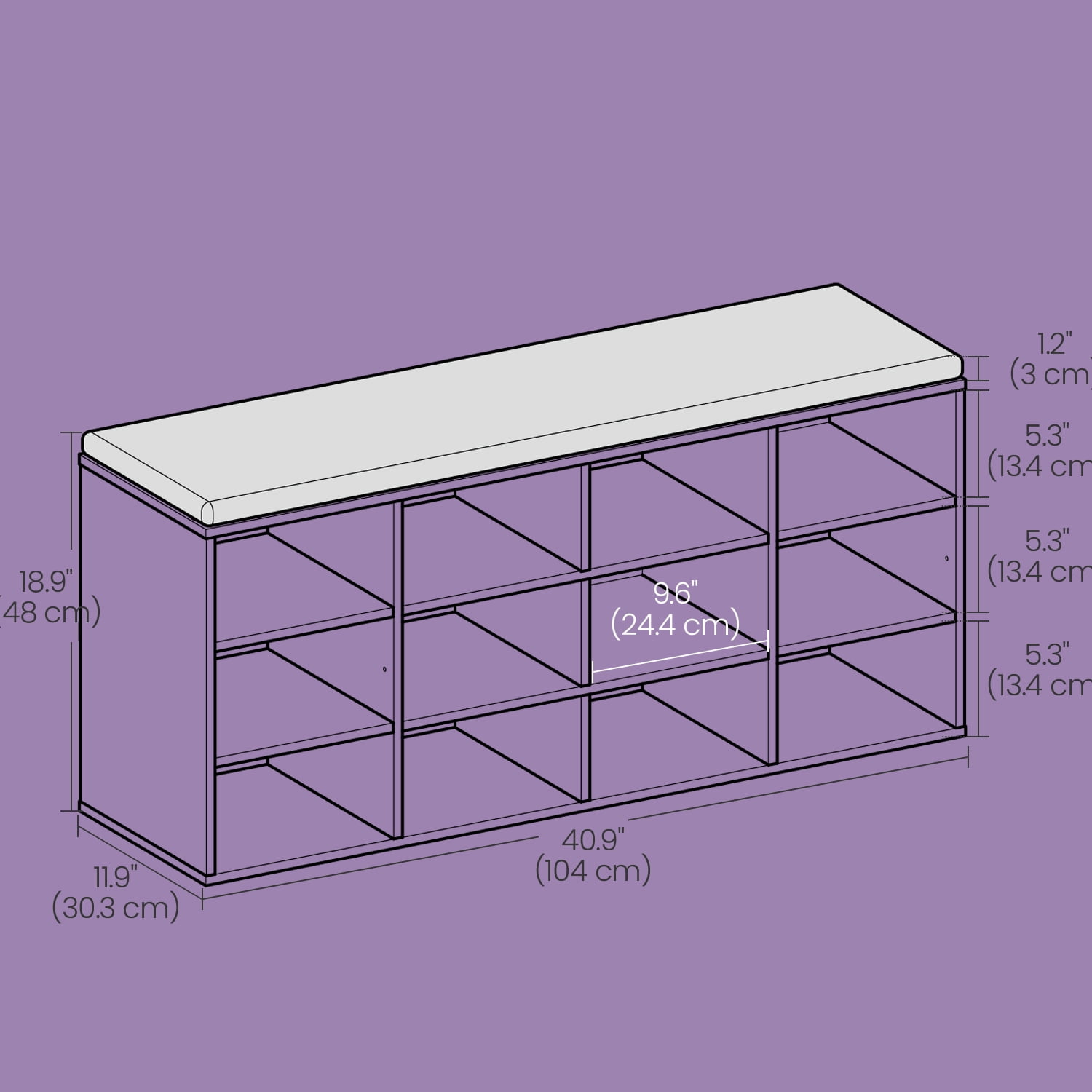 Shoe Bench with Cushion 12-Compartment Storage Bench 40.9x11.9inch, White and Gray