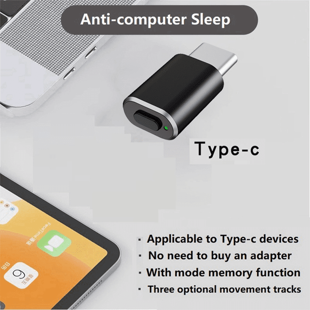 Type C Mouse Jiggler Undetectable Mouse Mover USB C Mouse in black, designed to keep your computer awake by simulating mouse movement. This compact device, made of aluminum alloy, plugs directly into a Type C port without requiring software or drivers. It features a sleek black finish and is the size of a standard wireless mouse USB dongle. Ideal for maintaining work-life balance by preventing idle timeouts on your computer. The package includes two Type C mouse movers.