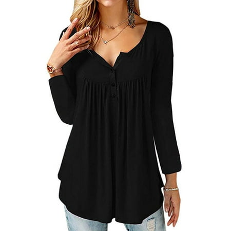 - 711ONLINESTORE Women Long Sleeve Solid Color Ruched Buttons Tunic Top