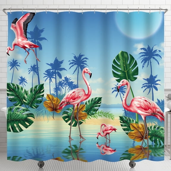 Tropical Paradise Shower Curtain with Pink Flamingos & Foliage - Vibrant Bathroom Decor